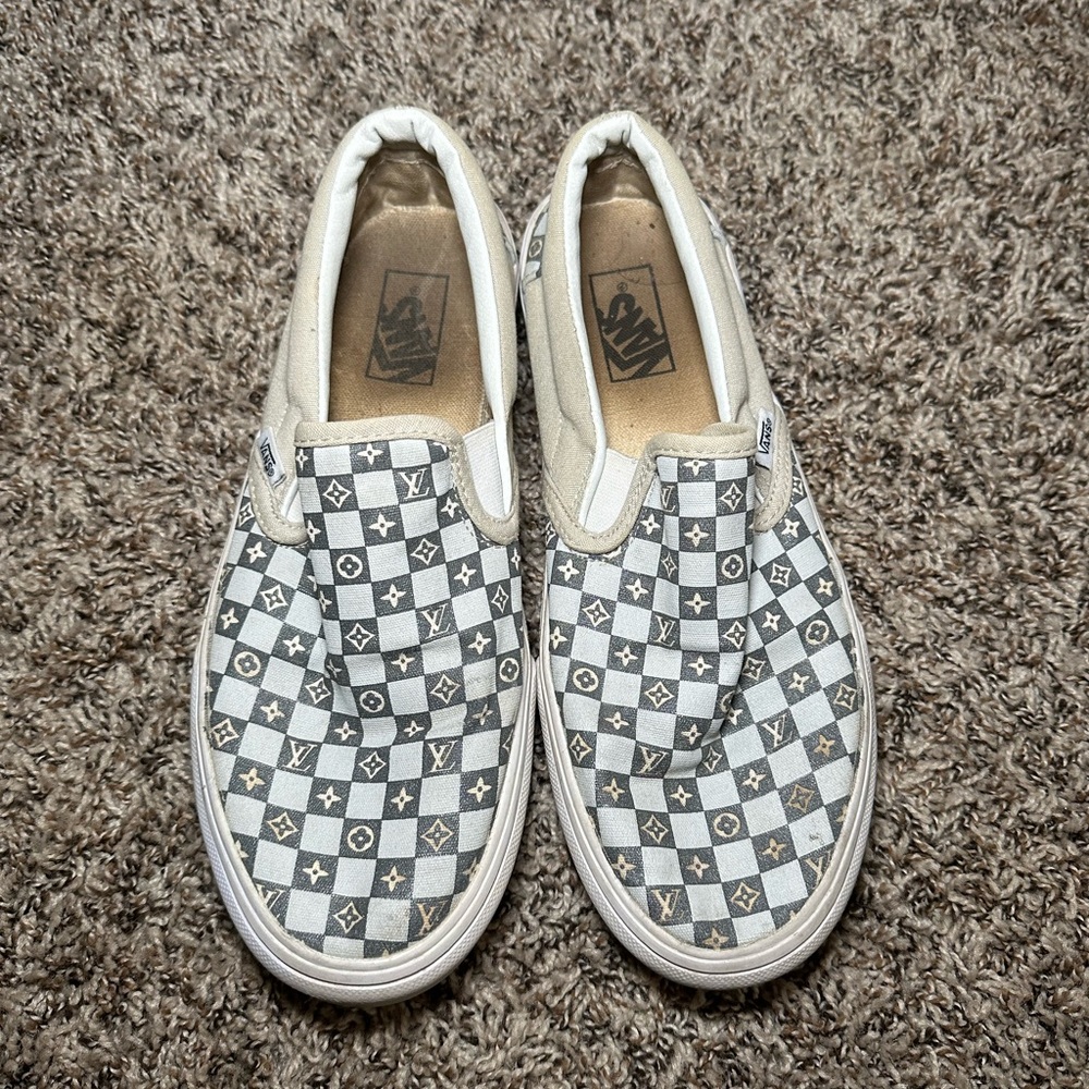 Vans Beige and Gray Checkerboard Slip-Ons